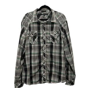 CJ Black Slim Fit Western Plaid Embroidered Button Down Long Sleeve Shirt XXL